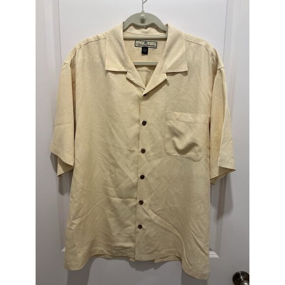 Tommy Bahama Silk Shirt Large Yellow Short Sleeve Button Down Palm Tree Print - Picture 1 of 9